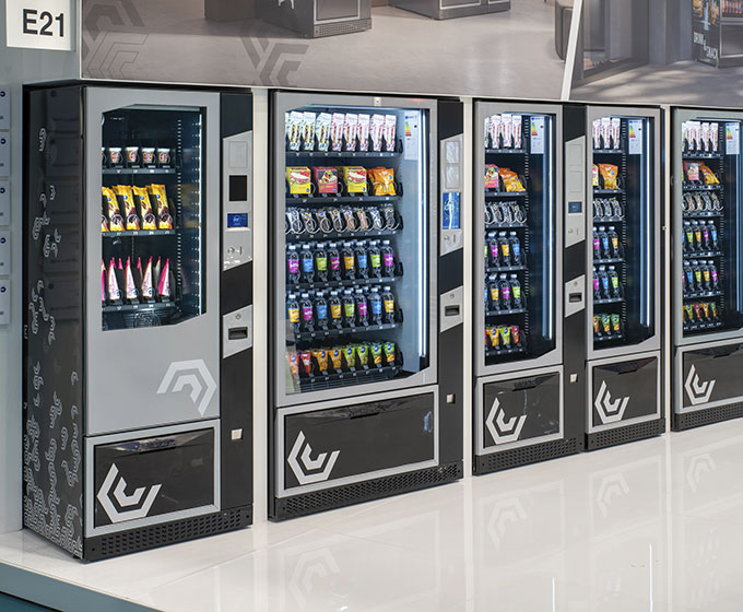 Modern vending machine with embedded sensors and dashboard overlay